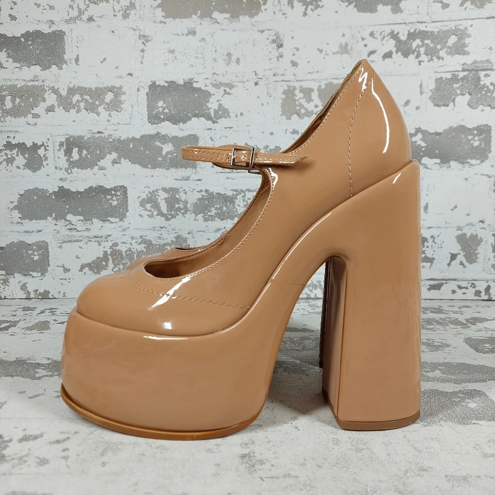 New Schutz Zayne New Pressego Tan Patent Leather Platform Mary Jane Pumps T34